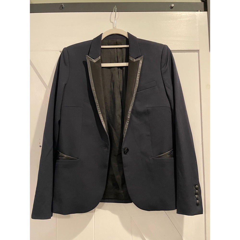 The Kooples Navy Blue and Black Blazer with Leather Detailing, 36